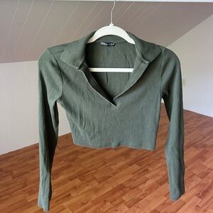 Zara Khaki Green V-Neck Crop Blouse